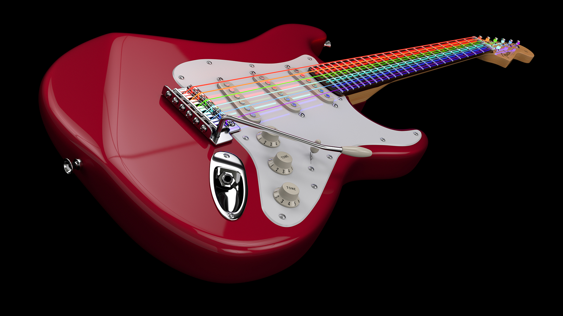 A portolio image of a red stratocaster guitar